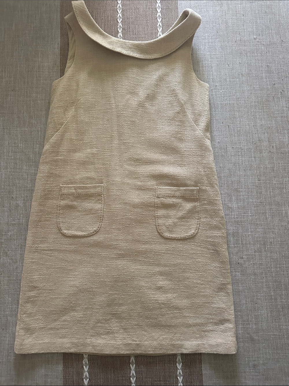 Peter Pan Collar Cotton/Linen Mini Shift Dress in Light Beige with Front Pockets